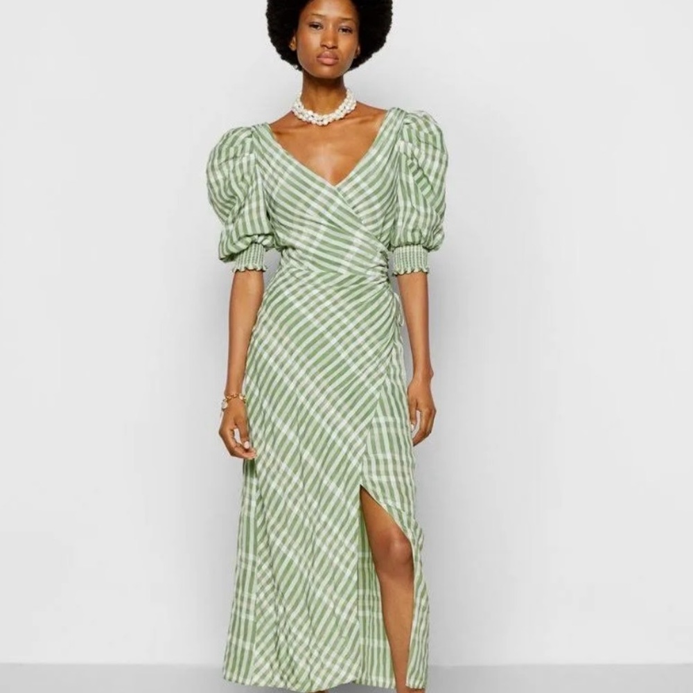 NWOT Cinq A Sept Gia Kacey Printed Faux Wrap Dress In Green And White Co…